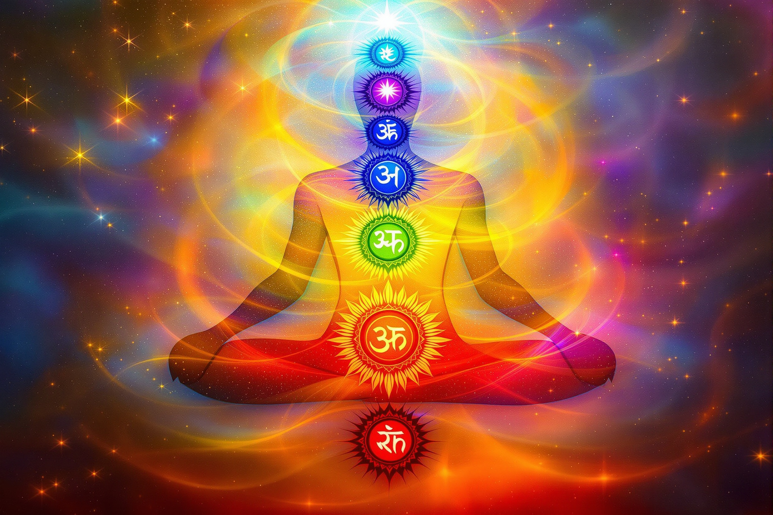 Représentation des sept chakras le long de la colonne vertébrale